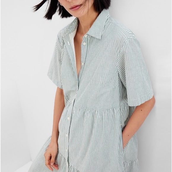GAP Dresses & Skirts - GAP Short Sleeved Button Tiered Mini Olive Green Striped Shirt Dress Size Small
